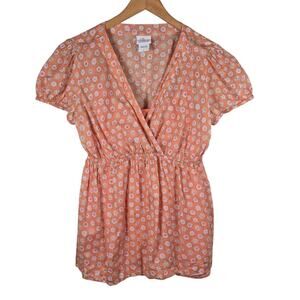 Oh Baby Motherhood Maternity Faux Wrap Elastic Waist Floral Blouse Top Orange L